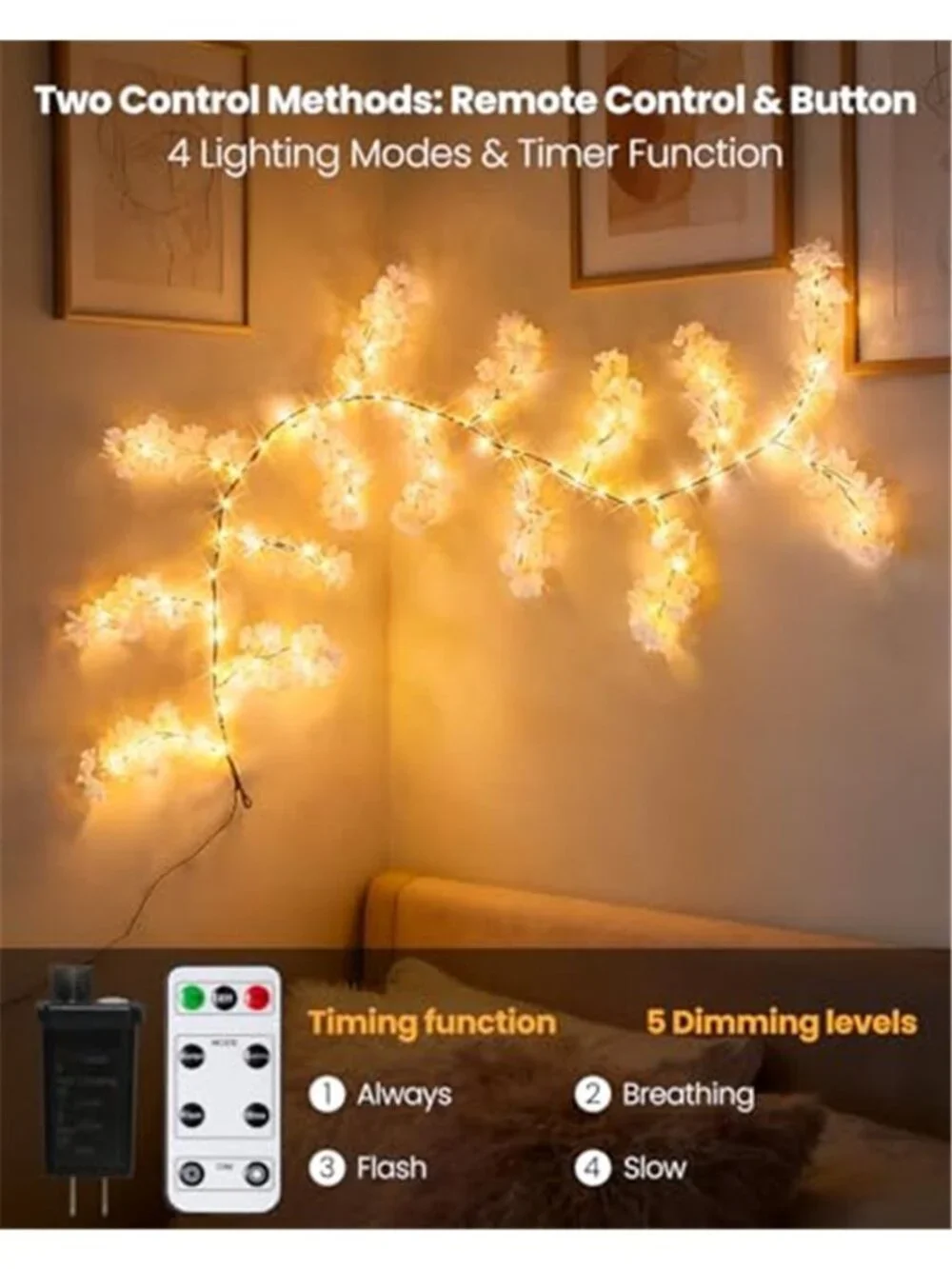Cherry Blossom LED Light Garland Vine Wall Decor Remote Bedroom Wedding Boho